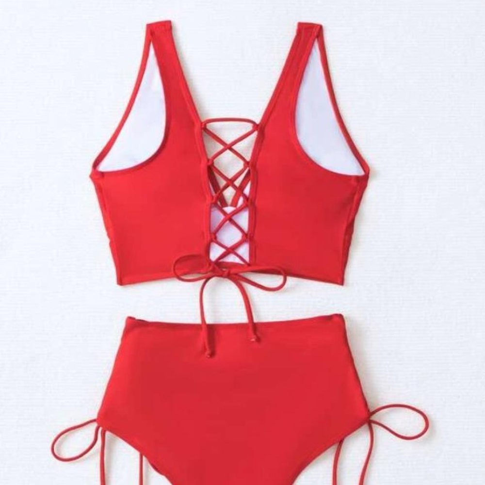 Plain Lace Up Side Bikini Swimsuit